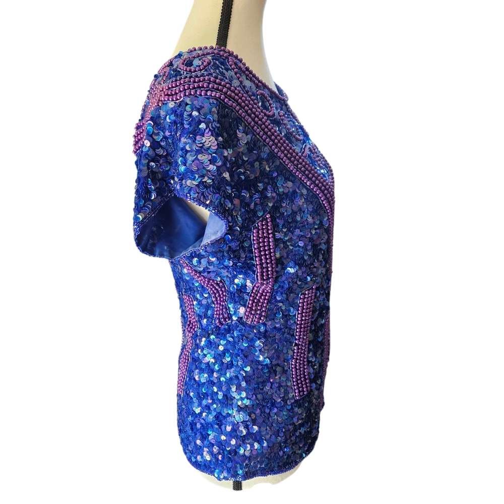Vintage Silk Blue Beaded Sequin Top Petite XL - Picture 4 of 14